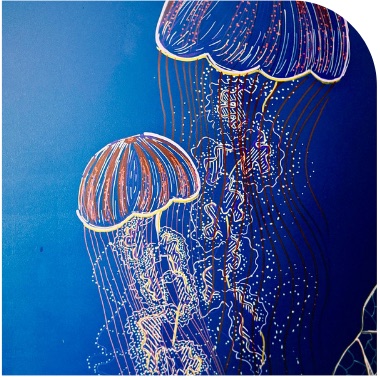 Méduse dorée sur fond bleu nuit