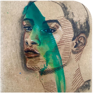 Portrait au trait rehaussé d'aquarelle verte