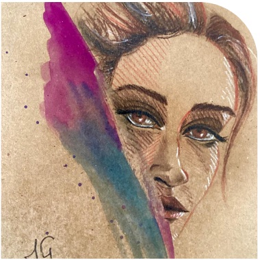 Portrait rehaussé d'aquarelle violette et turquoise