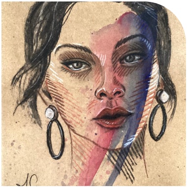 Portrait rehaussé d'aquarelle rose et bleue