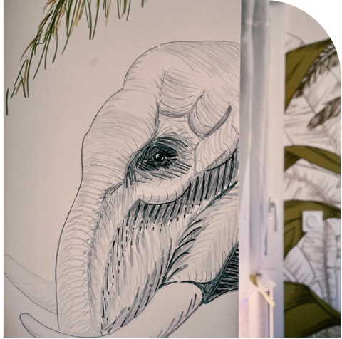 Détail de l'éléphant et des feuillages