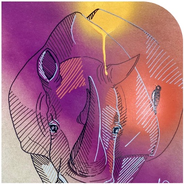 Rhinocéros au spray rose et violet sur papier kraft
